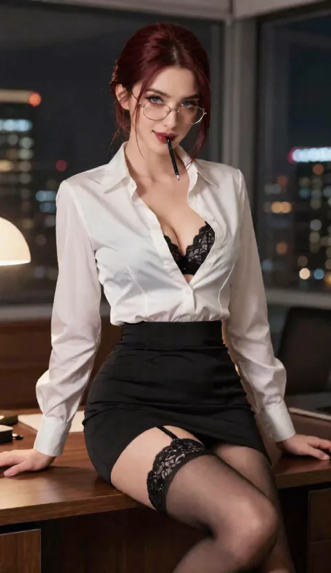 Vivienne — Dangerous Secretary, 26, auburn hair and glasses in a dark after-hours office